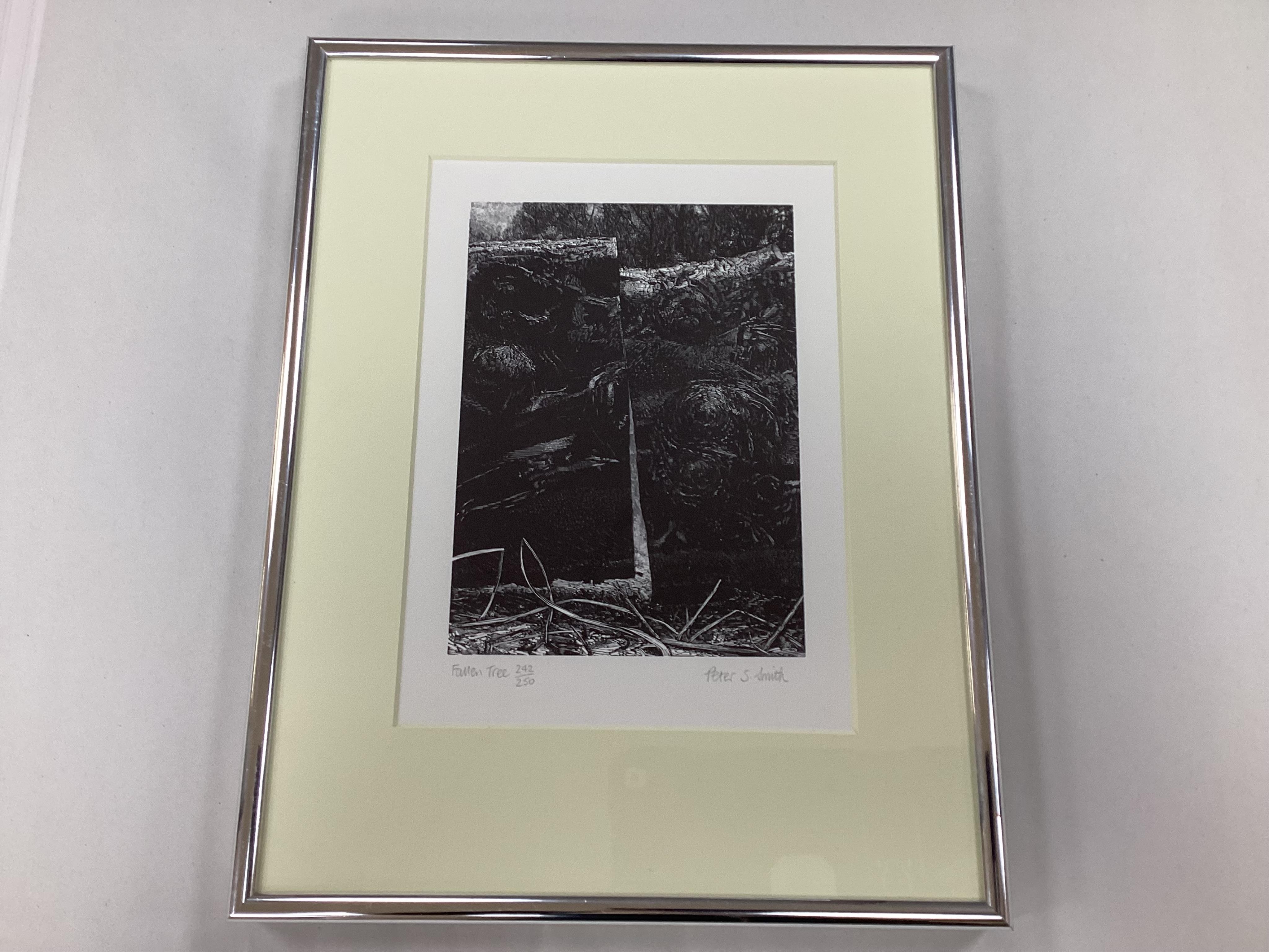 George Tute (b.1933), 'Birds and Beasts' signed, dated '89 and limited edition 242/250, woodcut, together with Peter Smith, Fallen Tree, signed in pencil, limited edition 242/250, woodcut, 22 x 15.5cm